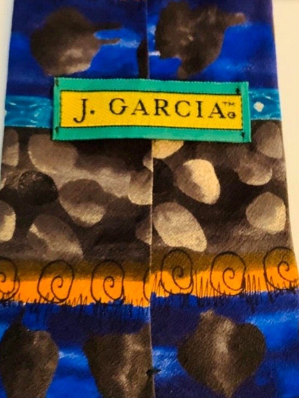 J. Garcia Multicolor Abstract Silk Tie /Blue Black / Yellow Vintsge Swirls Silk